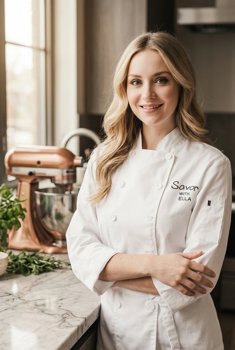 Friendly female baker in a white chef coat standing in a modern kitchen with a stand mixer, smiling confidently