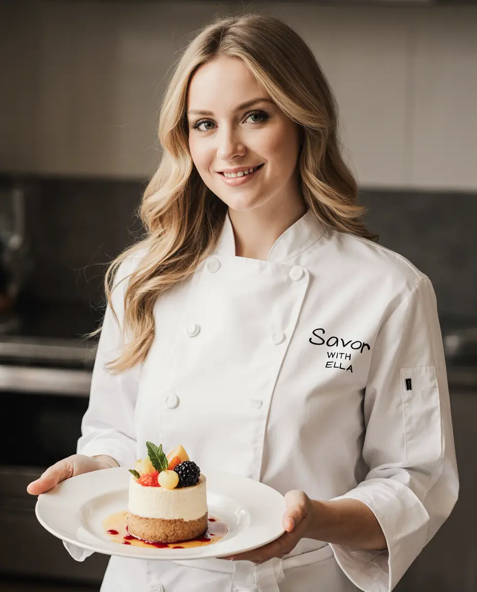 Smiling pastry chef in a white coat holding a plated dessert in a kitchen