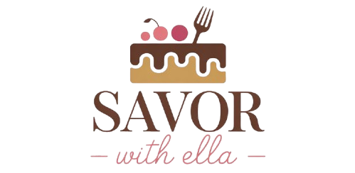 Savor with Ella logo featuring a chocolate-drip cake with cherries above elegant text in brown and blush tones.