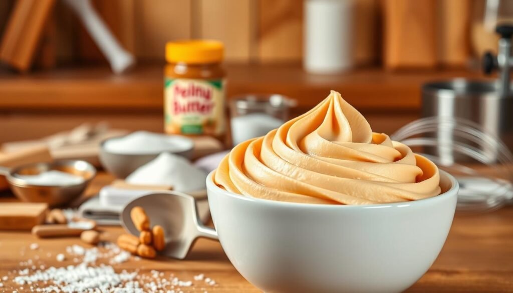 A beautifully arranged bowl of creamy peanut butter buttercream frosting sits prominently in the foreground, showcasing its smooth, velvety texture with swirls and peaks. A spatula lightly rests against the bowl, speckled with frosting, inviting the viewer to imagine the process of making this delicious treat. In the middle ground, scattered ingredients such as a jar of rich peanut butter, powdered sugar in a delicate measuring cup, and a whisk are artfully arranged, adding context to the scene. The background features a warmly lit kitchen setting, with wooden countertops and soft-focus baking tools, creating a cozy and inviting atmosphere. The lighting is soft and natural, illuminating the frosting and giving it a mouth-watering sheen. The overall mood is warm, welcoming, and inspiring, perfect for a baking guide. A beautifully arranged bowl of creamy peanut butter buttercream frosting sits prominently in the foreground, showcasing its smooth, velvety texture with swirls and peaks. A spatula lightly rests against the bowl, speckled with frosting, inviting the viewer to imagine the process of making this delicious treat. In the middle ground, scattered ingredients such as a jar of rich peanut butter, powdered sugar in a delicate measuring cup, and a whisk are artfully arranged, adding context to the scene. The background features a warmly lit kitchen setting, with wooden countertops and soft-focus baking tools, creating a cozy and inviting atmosphere. The lighting is soft and natural, illuminating the frosting and giving it a mouth-watering sheen. The overall mood is warm, welcoming, and inspiring, perfect for a baking guide.