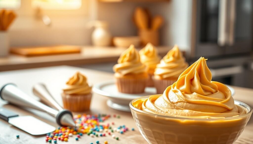 A beautifully arranged bowl of creamy peanut butter frosting sits prominently in the foreground, showcasing its smooth texture and rich, warm color. Surrounding the bowl are various decorating tools: a spatula, piping bags, and colorful sprinkles, hinting at the decorating process. In the middle ground, a few freshly iced cupcakes await their final touches, topped with dollops of frosting and an artistic swirl. The background features a softly blurred kitchen setting with warm, natural light streaming in from a nearby window, creating a cozy and inviting atmosphere. The overall mood is cheerful and inspiring, perfect for decorating cakes with a delightful peanut butter twist. The lens captures the scene from a slightly elevated angle, emphasizing the luscious details of the frosting and the joy of baking. A beautifully arranged bowl of creamy peanut butter frosting sits prominently in the foreground, showcasing its smooth texture and rich, warm color. Surrounding the bowl are various decorating tools: a spatula, piping bags, and colorful sprinkles, hinting at the decorating process. In the middle ground, a few freshly iced cupcakes await their final touches, topped with dollops of frosting and an artistic swirl. The background features a softly blurred kitchen setting with warm, natural light streaming in from a nearby window, creating a cozy and inviting atmosphere. The overall mood is cheerful and inspiring, perfect for decorating cakes with a delightful peanut butter twist. The lens captures the scene from a slightly elevated angle, emphasizing the luscious details of the frosting and the joy of baking.