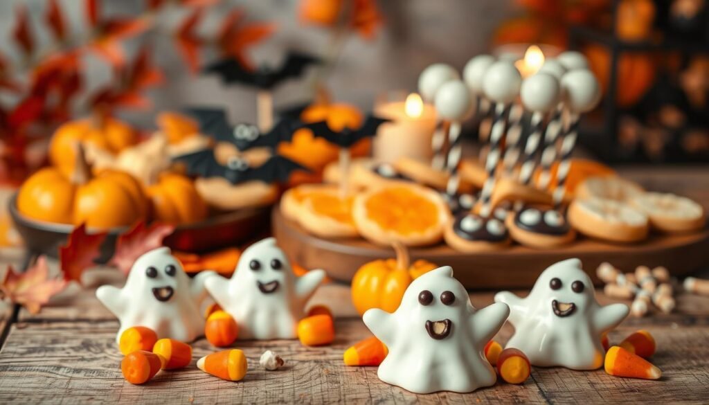 A beautifully arranged display of cute Halloween snacks, featuring white chocolate ghosts with playful expressions, set on a rustic wooden table. In the foreground, focus on a few ghost-shaped treats drizzled with dark chocolate eyes and smiling mouths, surrounded by colorful candy corns and miniature pumpkins. In the middle ground, showcase a festive mix of spooky-themed snacks like bat-shaped cookies and orange-dyed cake pops, all artfully arranged on a festive orange and black tablecloth. The background includes softly blurred autumn leaves and dim glowing candles, creating a warm, inviting atmosphere. Use soft, diffused lighting to enhance the cozy, autumnal feel, and shoot from a slightly elevated angle to capture the delightful details of these whimsical treats.