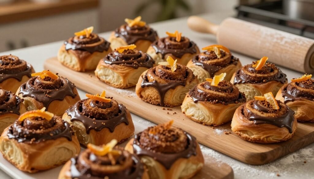 A beautifully arranged display of decadent pastries, featuring a variety of chocolate orange cinnamon rolls, lavishly iced and topped with candied orange peels and cinnamon sprinkles. The foreground showcases the intricate details of each roll, glistening under warm, soft lighting that enhances their rich chocolate and orange hues. In the middle, a delicate wooden board adds a rustic touch, with a sprinkling of flour and a small rolling pin, evoking the artistry of baking. The background fades softly, hinting at a cozy kitchen atmosphere with subtle hints of warm, inviting colors and soft shadows, creating a mood of warmth and craftsmanship. Capture the scene from a slightly elevated angle to emphasize the layers and textures of the pastries, inviting viewers to indulge in this delightful presentation. A beautifully arranged display of decadent pastries, featuring a variety of chocolate orange cinnamon rolls, lavishly iced and topped with candied orange peels and cinnamon sprinkles. The foreground showcases the intricate details of each roll, glistening under warm, soft lighting that enhances their rich chocolate and orange hues. In the middle, a delicate wooden board adds a rustic touch, with a sprinkling of flour and a small rolling pin, evoking the artistry of baking. The background fades softly, hinting at a cozy kitchen atmosphere with subtle hints of warm, inviting colors and soft shadows, creating a mood of warmth and craftsmanship. Capture the scene from a slightly elevated angle to emphasize the layers and textures of the pastries, inviting viewers to indulge in this delightful presentation.