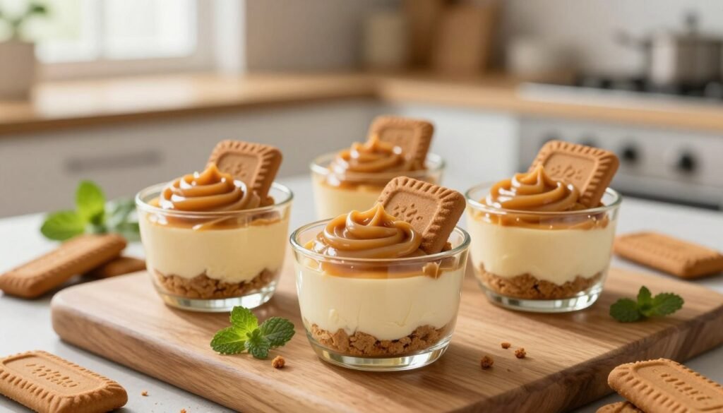 A beautifully arranged display of individual mini cheesecakes, each topped with a luscious layer of Lotus Biscoff cream. The foreground features three cheesecakes in delicate glass cups, adorned with crumbled Biscoff cookies and a swirl of caramel drizzle. The middle ground includes a wooden cutting board with additional ingredients like whole Biscoff cookies and decorative sprigs of mint for contrast. In the background, softly blurred, is a cozy kitchen setting with warm, natural light streaming in through a window, illuminating the scene and creating a welcoming atmosphere. Capture this from a slightly elevated angle to showcase the layers of the cheesecakes, with depth of field focusing on the foreground desserts, while the background remains softly out of focus, enhancing the charming and indulgent mood. A beautifully arranged display of individual mini cheesecakes, each topped with a luscious layer of Lotus Biscoff cream. The foreground features three cheesecakes in delicate glass cups, adorned with crumbled Biscoff cookies and a swirl of caramel drizzle. The middle ground includes a wooden cutting board with additional ingredients like whole Biscoff cookies and decorative sprigs of mint for contrast. In the background, softly blurred, is a cozy kitchen setting with warm, natural light streaming in through a window, illuminating the scene and creating a welcoming atmosphere. Capture this from a slightly elevated angle to showcase the layers of the cheesecakes, with depth of field focusing on the foreground desserts, while the background remains softly out of focus, enhancing the charming and indulgent mood.