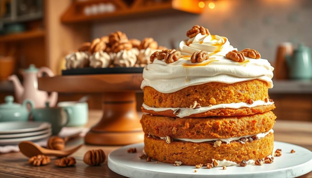 A beautifully arranged honey walnut cake, layered and adorned with luscious cream cheese frosting, sits prominently in the foreground. The cake features rich, golden honey and pieces of crunchy walnuts, creating a tempting texture. Delicate swirls of frosting grace the sides, while a generous layer crowns the top, embellished with whole walnuts and a drizzle of honey. The middle ground showcases a wooden cake stand, enhancing the rustic charm, surrounded by soft-focus pastel kitchenware. In the background, there are hints of a cozy kitchen setting, with warm lighting illuminating the scene, creating a cheerful and inviting atmosphere. The camera angle captures the cake from a slightly elevated perspective, highlighting its rich colors and details, with a warm, soft-focus effect adding to the inviting mood.