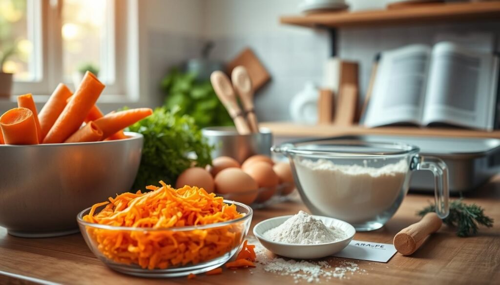 A beautifully arranged kitchen counter filled with fresh, colorful ingredients for a homemade carrot cake. In the foreground, there's a bowl of grated carrots, a measuring cup filled with flour, and a small dish of spices like cinnamon and nutmeg. The middle ground features eggs, a whisk, and a wooden spoon, while a recipe card is slightly visible on the counter. The background showcases a cozy kitchen with soft, warm lighting coming in through a window, accentuating the inviting atmosphere. A glimpse of a baking pan and partially opened cookbook can be seen on a nearby shelf. The mood is warm and inviting, perfect for aspiring bakers excited to create a delicious carrot cake.