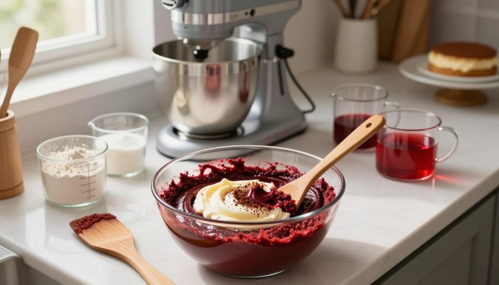 A beautifully arranged kitchen countertop featuring an elegant mixing bowl filled with rich red velvet cake batter. The batter is glossy and smooth, with swirls of cream cheese frosting and a light sprinkle of cocoa powder on top. In the foreground, a wooden spatula rests beside the bowl, showing a scoop of the vibrant mixture. The middle of the scene includes a stand mixer with shiny chrome details, and measuring cups filled with flour, sugar, and vibrant red liquid coloring arranged neatly nearby. Soft, warm natural light filters through a nearby window, creating a cozy atmosphere ideal for baking. In the background, a well-organized kitchen with subtle hints of baking utensils and a perfectly displayed cake can be seen, enhancing the inviting, homely mood of the image.