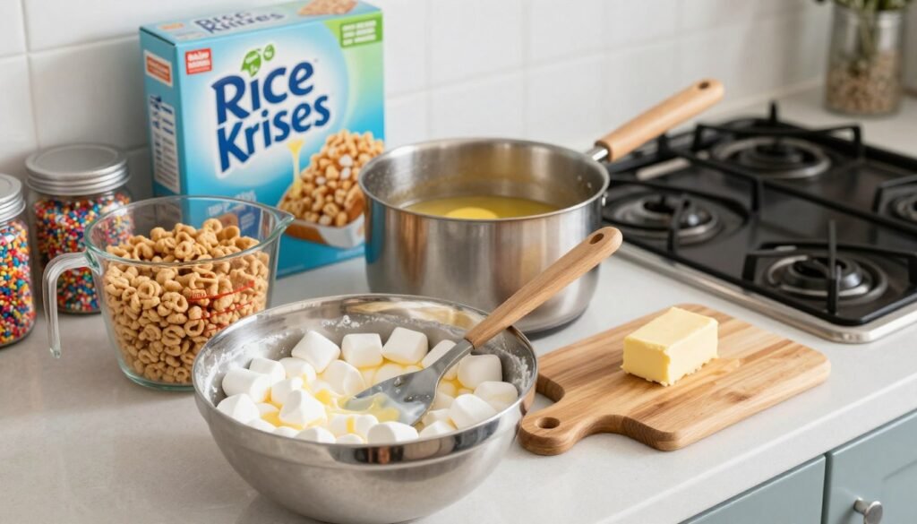 A beautifully arranged kitchen countertop showcasing essential equipment for making Rice Krispie Treats. In the foreground, a large mixing bowl filled with melted marshmallows, a spatula resting against it. Next to it, a measuring cup filled with Rice Krispies and a stick of butter on a cutting board. In the middle, a pot on the stove shows a gentle simmer with butter melting. Background features neatly stacked boxes of Rice Krispies and colorful sprinkles in jars. Bright, natural lighting floods the scene, creating a warm and inviting atmosphere. The angle is slightly above eye level, capturing all elements harmoniously, with a soft focus on the kitchen's cheerful aesthetics. A beautifully arranged kitchen countertop showcasing essential equipment for making Rice Krispie Treats. In the foreground, a large mixing bowl filled with melted marshmallows, a spatula resting against it. Next to it, a measuring cup filled with Rice Krispies and a stick of butter on a cutting board. In the middle, a pot on the stove shows a gentle simmer with butter melting. Background features neatly stacked boxes of Rice Krispies and colorful sprinkles in jars. Bright, natural lighting floods the scene, creating a warm and inviting atmosphere. The angle is slightly above eye level, capturing all elements harmoniously, with a soft focus on the kitchen's cheerful aesthetics.