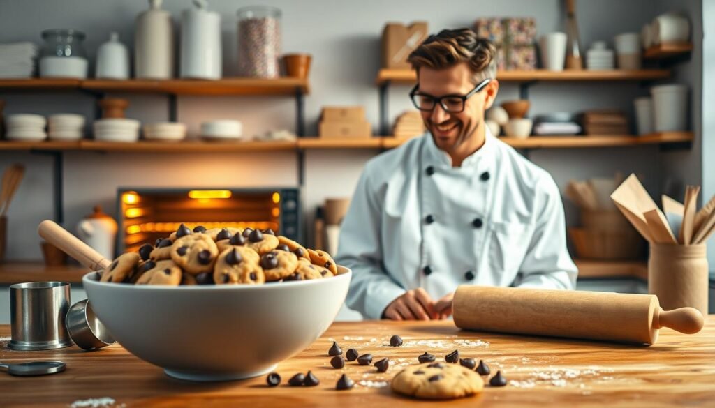 A beautifully arranged kitchen scene capturing the mastery of baking chocolate chip cookies. In the foreground, a wooden countertop features a bowl overflowing with cookie dough, adorned with chocolate chips. An elegant rolling pin and measuring cups are placed nearby, hinting at the precise ingredient preparation. In the middle, a professional baker in a white chef coat, focused and smiling, carefully monitors cookies baking in the oven, with warm, ambient lighting highlighting their concentration. The background shows shelves filled with baking essentials like flour, sugar, and colorful sprinkles, with soft natural light filtering through a window, creating a cozy and inviting atmosphere. This image conveys the joy and art of baking, perfect for illustrating a baking process.