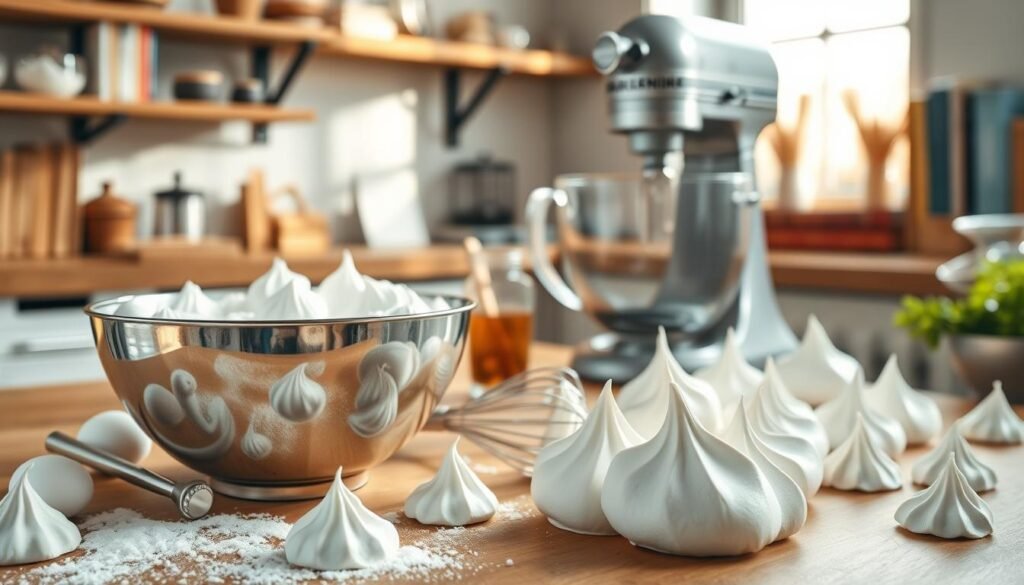 A beautifully arranged kitchen scene showcasing the process of preparing meringue batter for mushroom-shaped treats. In the foreground, a shiny mixing bowl filled with fluffy white meringue sits on a natural wood countertop, with a whisk resting beside it. Delicate egg whites and sugar are scattered artistically around, hinting at the ingredients used. In the middle, a professional-grade mixer stands with a glass measuring cup and vanilla extract nearby, focusing on precision and quality. The background features softly blurred kitchen shelves adorned with baking tools and cookbooks, illuminated by warm, natural light coming through a window, creating a cozy, inviting atmosphere. Capture the essence of the culinary process with a close-up angle, emphasizing the texture and glossy finish of the meringue. A beautifully arranged kitchen scene showcasing the process of preparing meringue batter for mushroom-shaped treats. In the foreground, a shiny mixing bowl filled with fluffy white meringue sits on a natural wood countertop, with a whisk resting beside it. Delicate egg whites and sugar are scattered artistically around, hinting at the ingredients used. In the middle, a professional-grade mixer stands with a glass measuring cup and vanilla extract nearby, focusing on precision and quality. The background features softly blurred kitchen shelves adorned with baking tools and cookbooks, illuminated by warm, natural light coming through a window, creating a cozy, inviting atmosphere. Capture the essence of the culinary process with a close-up angle, emphasizing the texture and glossy finish of the meringue.