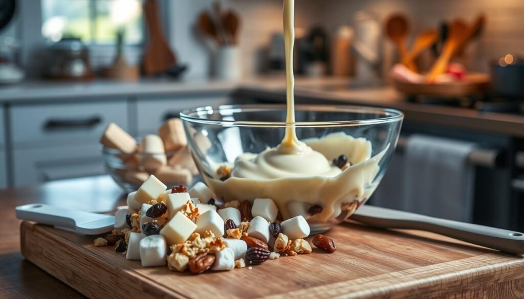 A beautifully arranged kitchen workspace showcasing the step-by-step process of making white chocolate rocky road. In the foreground, a wooden cutting board displays a mixture of melted white chocolate, marshmallows, nuts, and dried fruit, with a silicone spatula resting nearby. In the middle, a clear glass bowl reveals the glossy, creamy white chocolate being poured over the mix, creating a tantalizing blend. The background features a cozy kitchen setting with soft, warm lighting that highlights the ingredients and evokes a homey atmosphere. A countertop filled with cooking utensils and a slightly blurred view of a window with sunlight streaming in adds a gentle, inviting touch. Capture the essence of delicious and indulgent preparation while maintaining a clean, organized space. A beautifully arranged kitchen workspace showcasing the step-by-step process of making white chocolate rocky road. In the foreground, a wooden cutting board displays a mixture of melted white chocolate, marshmallows, nuts, and dried fruit, with a silicone spatula resting nearby. In the middle, a clear glass bowl reveals the glossy, creamy white chocolate being poured over the mix, creating a tantalizing blend. The background features a cozy kitchen setting with soft, warm lighting that highlights the ingredients and evokes a homey atmosphere. A countertop filled with cooking utensils and a slightly blurred view of a window with sunlight streaming in adds a gentle, inviting touch. Capture the essence of delicious and indulgent preparation while maintaining a clean, organized space.