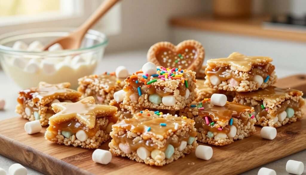 A beautifully arranged platter of homemade Rice Krispie Treats, featuring a variety of shapes and sizes. The treats are cut into squares and fun shapes like stars and hearts, all showcasing a glossy, slightly sticky surface. Light caramelization on the edges adds richness, and they are sprinkled with colorful mini marshmallows and vibrant sprinkles for a playful touch. In the foreground, the treats are perfectly stacked on a rustic wooden board. The middle ground includes a mixing bowl and wooden spoon with melted marshmallows, hinting at the preparation process. The background is softly blurred, hinting at a cozy kitchen, with warm, golden light coming in through a window, creating a cheerful and inviting atmosphere. The image should feel wholesome and delightful, appealing to anyone looking to master this classic treat. A beautifully arranged platter of homemade Rice Krispie Treats, featuring a variety of shapes and sizes. The treats are cut into squares and fun shapes like stars and hearts, all showcasing a glossy, slightly sticky surface. Light caramelization on the edges adds richness, and they are sprinkled with colorful mini marshmallows and vibrant sprinkles for a playful touch. In the foreground, the treats are perfectly stacked on a rustic wooden board. The middle ground includes a mixing bowl and wooden spoon with melted marshmallows, hinting at the preparation process. The background is softly blurred, hinting at a cozy kitchen, with warm, golden light coming in through a window, creating a cheerful and inviting atmosphere. The image should feel wholesome and delightful, appealing to anyone looking to master this classic treat.