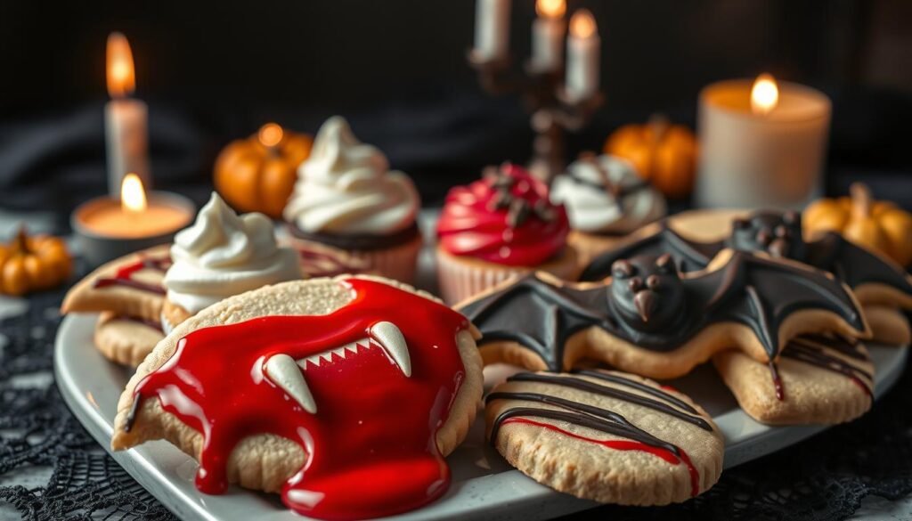 A beautifully arranged platter of vampire-themed snacks, prominently featuring freshly baked cookies shaped like bats and fangs, adorned with red icing and chocolate drizzle. The foreground showcases a close-up of a vampire cookie, with glossy crimson icing pooling around it. In the middle, the platter includes mini cupcakes topped with ghostly white frosting and edible glitter, resembling eerie vampire bites. The background features dimly lit candles flickering, casting a warm, inviting glow over the scene, enhancing the spooky yet fun atmosphere. The table is decorated with black lace and small pumpkins, creating a perfect Halloween ambiance. Soft, diffused lighting highlights the textures of the cookies, making them appear appetizing and alluring. Aim for a shallow depth of field to focus on the snacks while softly blurring the background elements.