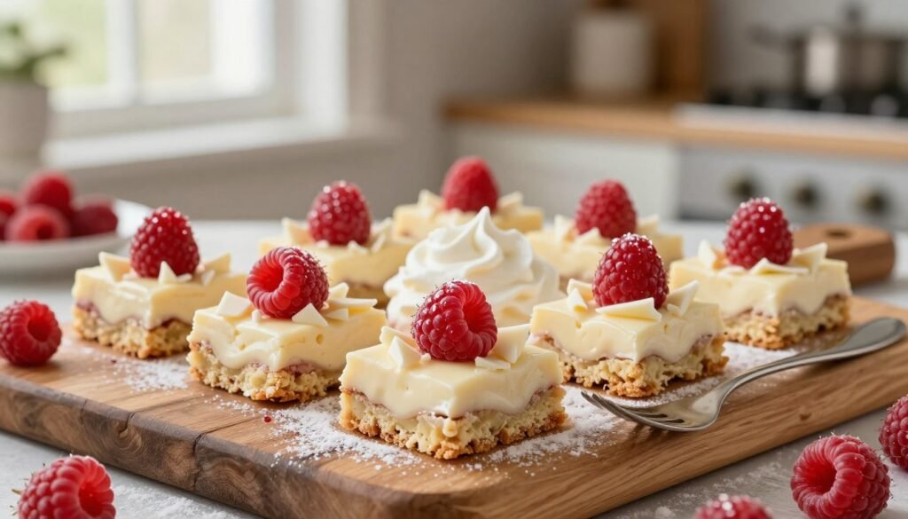 A beautifully arranged raspberry dessert featuring luscious white chocolate blondies, cut into neat squares and topped with glistening fresh raspberries and white chocolate shavings. In the foreground, the blondies sit elegantly on a rustic wooden cutting board, surrounded by scattered raspberries and a delicate dusting of powdered sugar. In the middle, a light, airy whipped cream dollop complements the dish, while a fork rests beside it, ready for tasting. The background showcases a softly blurred kitchen setting with warm, natural light pouring in through a window, creating a cozy baking atmosphere. The scene evokes a sense of indulgence and culinary mastery, highlighting the delicious combination of flavors.