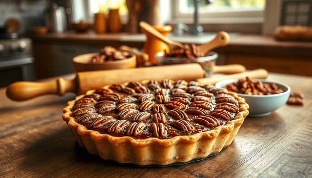A beautifully arranged scene featuring an easy pecan pie, freshly baked and placed on a rustic wooden kitchen table. The foreground captures a golden-brown pie with a glossy pecan topping, showcasing its rich texture. Fine details like droplets of maple syrup glistening on the surface add allure. In the middle, there are warm-colored kitchen utensils: a rolling pin, measuring cups, and a bowl of pecans, hinting at the preparation process. The background is softly blurred, depicting a cozy kitchen with warm, natural lighting streaming through a window, creating an inviting atmosphere. The overall mood is warm and homely, reflecting the ease and joy of baking.