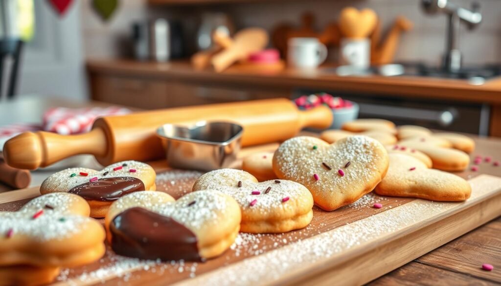A beautifully arranged scene featuring freshly baked heart-shaped cookies, dusted with powdered sugar and adorned with colorful sprinkles. In the foreground, a wooden cutting board holds several golden-brown cookies, some partially dipped in dark chocolate. In the middle, a rolling pin and a heart-shaped cookie cutter are positioned next to a small bowl of vibrant icing, hinting at the decorating process. The background showcases a cozy kitchen with soft, warm lighting that casts gentle shadows, enhancing the inviting atmosphere. The focus is sharp on the cookies, while the background is slightly blurred to create depth. The mood is cheerful and romantic, perfect for a Valentine's Day celebration.