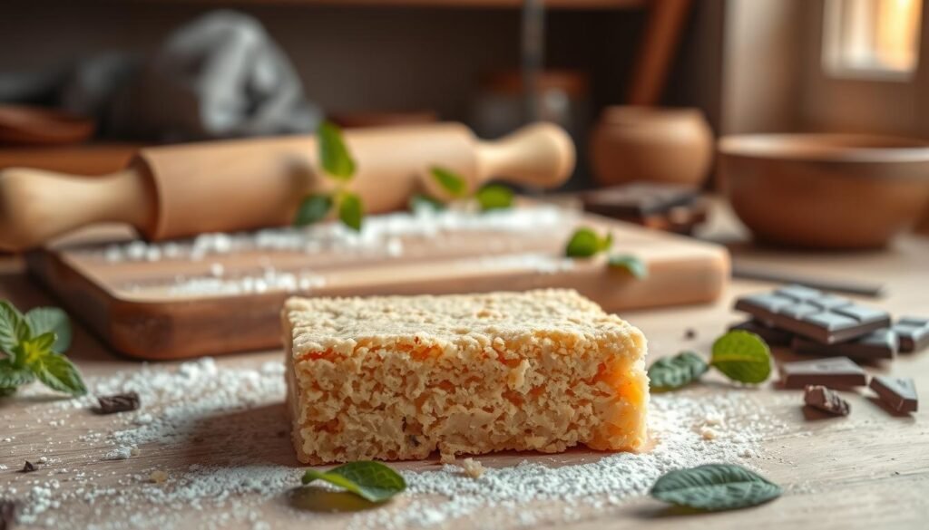 A beautifully arranged scene of freshly baked millionaire's shortbread with an emphasis on the rich, buttery shortbread base. In the foreground, a close-up view showcases a golden-brown, crumbly shortbread square. The middle section features a wooden cutting board, lightly dusted with flour, and a few tools of the trade like a rolling pin and a knife. The background shows a softly lit kitchen environment, with gentle warm natural lighting filtering through a window, casting soft shadows. Delicate hints of mint leaves and chocolate shards are scattered around for aesthetic appeal, enhancing the inviting atmosphere. The overall mood reflects warmth and homeliness, perfect for a baking setting. The camera angle is slightly above the shortbread, creating an intimate and inviting perspective.