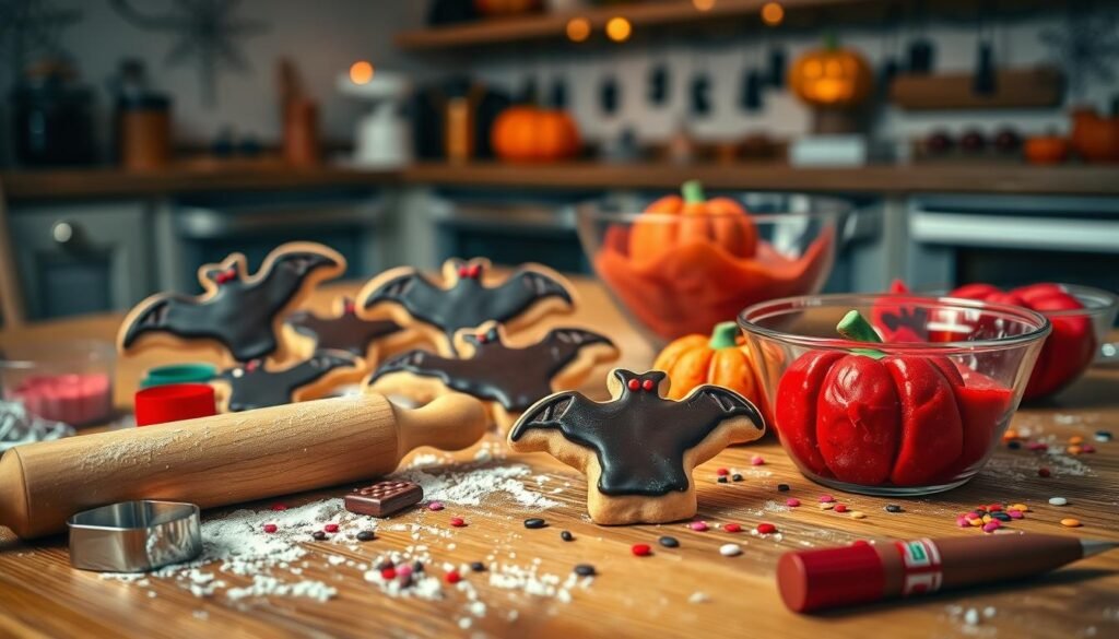 A beautifully arranged scene of freshly baked vampire cookies, shaped like bats and pumpkins, with dark chocolate icing dripping like blood. In the foreground, a rolling pin dusted with flour alongside cookie cutters in spooky shapes. The middle-ground features a wooden table adorned with scattered sprinkles, red food coloring, and a mixing bowl filled with vibrant red cookie dough. The background shows a softly lit kitchen with cobweb decorations and a warm oven glow. Employ soft, warm lighting to enhance the inviting yet eerie atmosphere. The focus should be on the intricate details of the cookies and dough, captured from a slightly elevated angle to create depth, evoking both a sense of fun and spookiness.