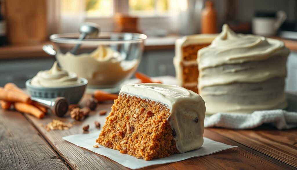 A beautifully arranged scene showcasing a moist carrot cake elegantly displayed on a rustic wooden table. In the foreground, a slice of the cake reveals its fluffy, textured layers filled with shredded carrots, nuts, and raisins, topped generously with a smooth, creamy cream cheese frosting that glistens in the soft, natural light. The middle ground features a mixing bowl with creamy frosting and a spatula, alongside grated carrots and whole spices, creating a sense of preparation. The background is softly blurred, depicting a cozy kitchen with warm, inviting lighting—perhaps a window letting in soft afternoon sunlight, enhancing the homey, comforting atmosphere. The overall mood is inviting, perfect for a baking enthusiast who loves crafting delicious desserts.