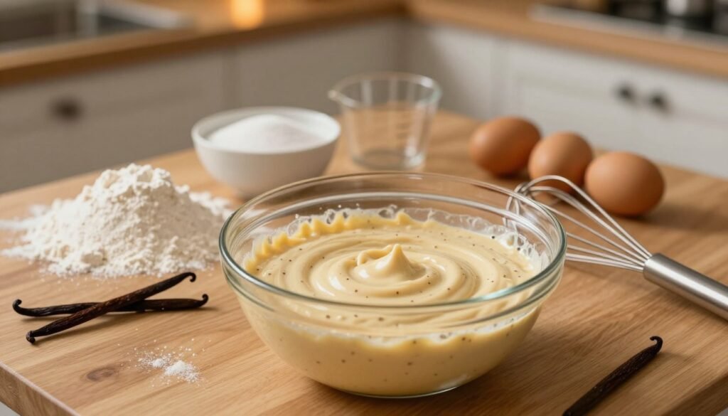 A beautifully arranged scene showcasing the process of making the best vanilla bean cake batter. In the foreground, a glass mixing bowl filled with creamy, rich batter speckled with tiny brown vanilla bean flecks, surrounded by kitchen utensils like a whisk and measuring cups. In the middle, a wooden countertop with various ingredients scattered: flour, sugar, eggs, and fresh vanilla beans, giving a homely, inviting feel. The background features softly blurred baking tools and a warm-toned kitchen setting, with warm ambient lighting creating a cozy atmosphere. The angle captures the textures and colors of the ingredients, inviting the viewer into the baking experience, evoking a sense of craftsmanship and joy in mastering cake batter.