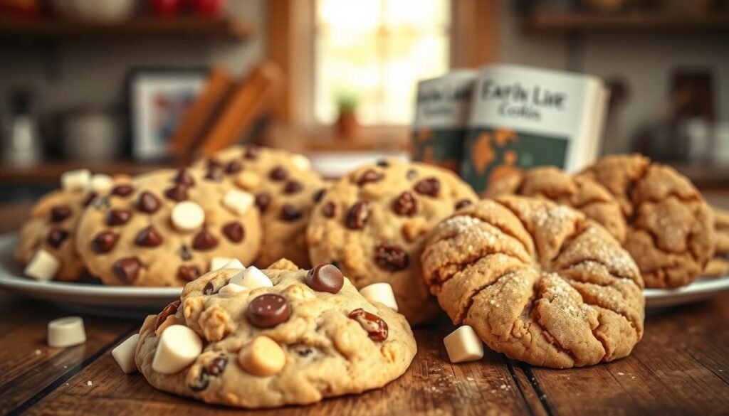 A beautifully arranged selection of popular cookie flavors displayed on a rustic wooden table. In the foreground, a plate of gooey white chocolate macadamia nut cookies, with chunks of white chocolate and whole macadamia nuts visible. Beside them, classic chocolate chip cookies with melty chocolate chips, oatmeal raisin cookies adorned with plump raisins, and vibrant snickerdoodles dusted with cinnamon sugar. The middle of the scene features a warm, inviting kitchen background with soft natural light streaming through a window, highlighting the textures of the cookies. A blurred cookbook can be seen in the background, further enhancing the baking theme. The atmosphere is cozy and encouraging, perfect for troubleshooting baking issues, with a touch of homey warmth and delicious aroma.