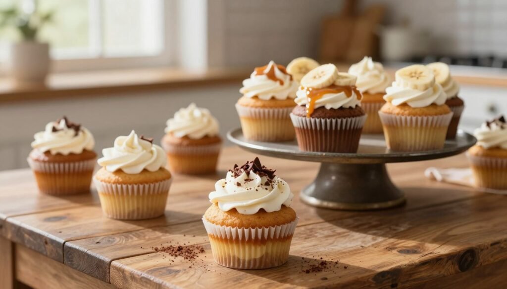 A beautifully arranged set of homemade Banoffee cupcakes, showcased on a rustic wooden table. In the foreground, a delicate cupcake with layers of rich caramel, banana slices, and whipped cream, garnished with chocolate shavings and a sprinkle of cocoa. The middle ground features more elegantly decorated cupcakes in a variety of styles, each topped with a drizzle of caramel and fresh bananas, invitingly placed on a vintage cake stand. In the background, soft, natural light filters through a kitchen window, casting gentle shadows and highlighting the textures of the cupcakes and table. The atmosphere is warm and cozy, evoking a sense of comfort and delight, perfect for a sweet treat.