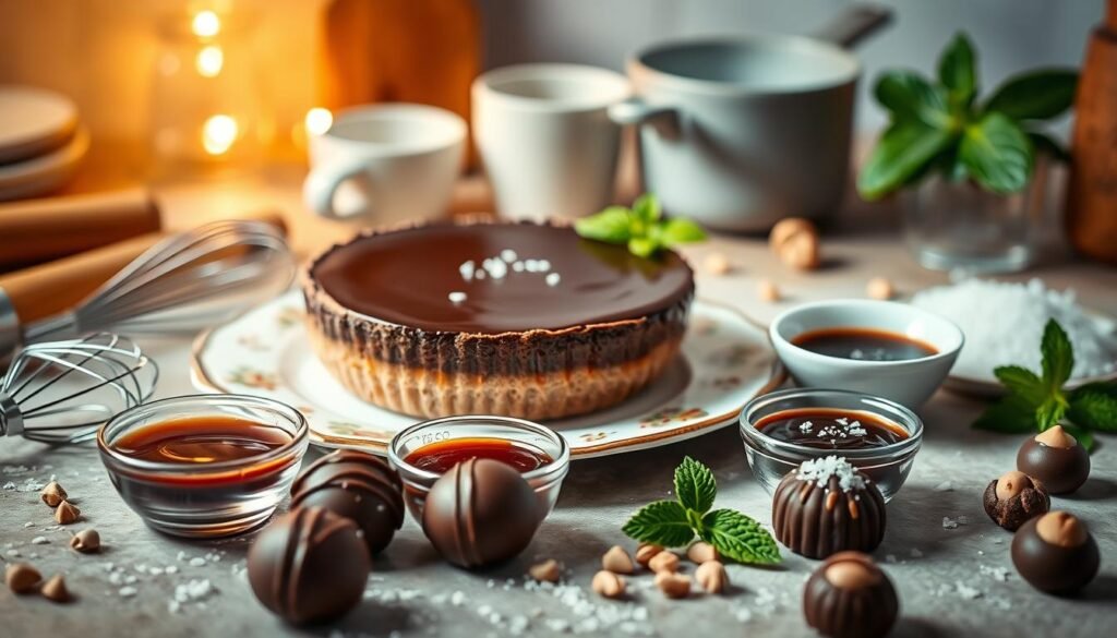 A beautifully arranged table featuring an elegant chocolate salted caramel tart as the centerpiece, with a glossy, silky chocolate ganache layer that glistens temptingly. The tart sits on a fine china plate, surrounded by small dishes of rich caramel sauce and sea salt flakes. In the foreground, a few decadent chocolate truffles and a sprinkle of crushed hazelnuts add depth. The middle ground includes soft-focus kitchen utensils, like a whisk and measuring cups, suggesting a homey baking atmosphere. The background features warm, inviting lighting that casts a gentle glow, enhancing the lusciousness of the desserts. A hint of fresh mint leaves offers a pop of color. The mood is indulgent and sophisticated, perfect for dessert lovers.