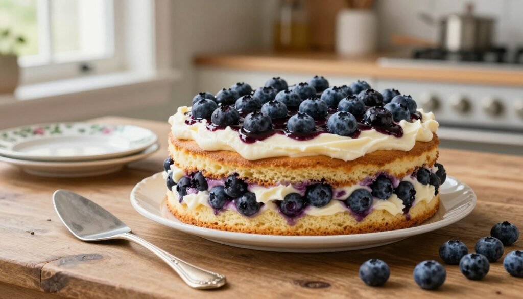 A beautifully baked blueberry cake sits on a rustic wooden table, showcasing its fluffy layers filled with fresh blueberries and creamy frosting. The cake is topped with a generous layer of glossy blueberry glaze, glistening in soft, natural light that filters through a nearby window, creating an inviting and warm atmosphere. In the foreground, a delicate silver cake server and a small pile of raw blueberries enhance the charm, while the middle ground features a vintage floral-patterned plate. The background reveals a cozy kitchen setting, with baking tools and ingredients subtly blurred to keep the focus on the cake. The overall mood is cheerful and inviting, perfect for a baking tutorial.