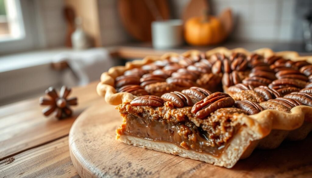 A beautifully baked classic pecan pie, glistening with a golden-brown, caramelized crust and topped with an array of glossy pecans arranged artfully. In the foreground, a slice of the pie sits on a rustic wooden table, revealing its rich filling in a tempting cross-section, showcasing the blend of smooth, sugary texture and crunchy pecan pieces. The background features a softly blurred kitchen setting with warm, natural lighting filtering through a nearby window, accentuating the cozy atmosphere. The scene conveys a sense of warmth and homeliness, perfect for a holiday celebration, inviting viewers to immerse themselves in the delightful experience of homemade baking. The angle is slightly overhead, focusing on the pie to capture its inviting richness and detail, with no added text or distractions.