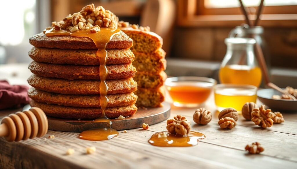 A beautifully baked honey walnut cake sits on a rustic wooden table, adorned with a light drizzle of golden honey and sprinkled with crushed walnuts. The cake features multiple layers, showcasing a rich, moist texture and a glossy finish. In the foreground, a honey dipper with a bit of honey rests beside the cake. The middle ground includes a few whole walnuts and a small bowl of honey for decoration, enhancing the theme of the recipe. In the background, soft natural light filters through a nearby window, creating a warm and inviting atmosphere. The scene has a cozy, homey feel, perfect for a kitchen setting, capturing the essence of baking with a focus on detail, freshness, and the joy of cooking.