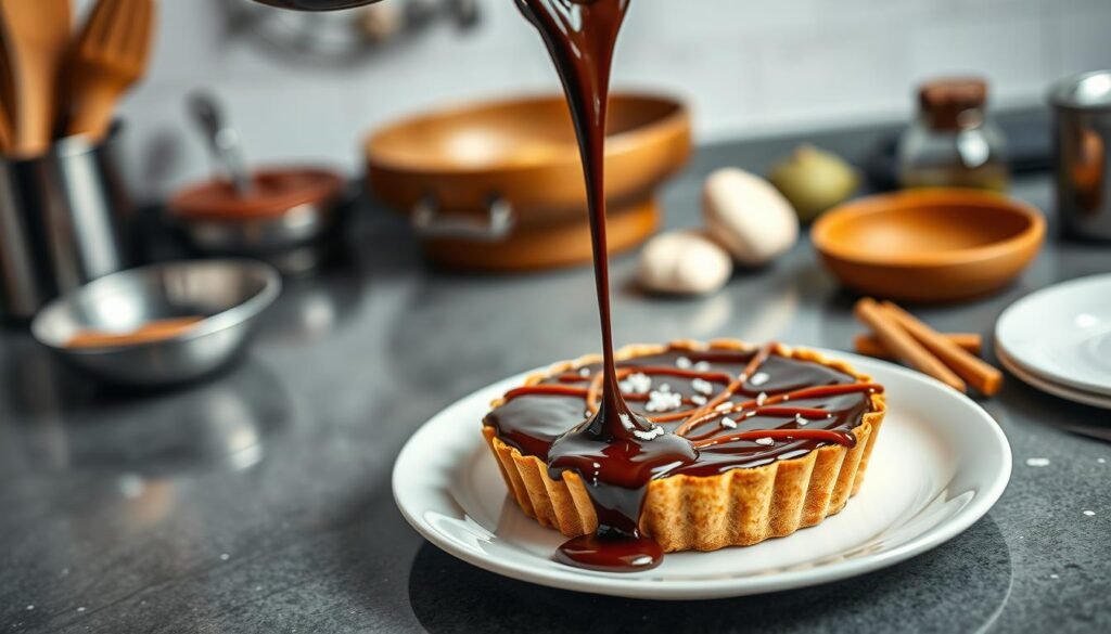 A beautifully composed scene showcasing a professional kitchen countertop, with a glossy chocolate ganache being poured over a perfectly baked salted caramel tart. In the foreground, a close-up view captures the rich, dark chocolate glistening under soft, warm lighting, highlighting its silky texture. In the middle, the tart sits elegantly on a white porcelain plate, adorned with delicate sea salt flakes and glossy caramel drizzles that catch the light. The background features blurred kitchen utensils and ingredients, creating an atmosphere of gourmet artistry. The mood is refined and inviting, showcasing the intricate process of achieving a luxurious dessert finish. A top-down angle enhances the visual appeal, emphasizing the velvety ganache as it cascades smoothly. A beautifully composed scene showcasing a professional kitchen countertop, with a glossy chocolate ganache being poured over a perfectly baked salted caramel tart. In the foreground, a close-up view captures the rich, dark chocolate glistening under soft, warm lighting, highlighting its silky texture. In the middle, the tart sits elegantly on a white porcelain plate, adorned with delicate sea salt flakes and glossy caramel drizzles that catch the light. The background features blurred kitchen utensils and ingredients, creating an atmosphere of gourmet artistry. The mood is refined and inviting, showcasing the intricate process of achieving a luxurious dessert finish. A top-down angle enhances the visual appeal, emphasizing the velvety ganache as it cascades smoothly.