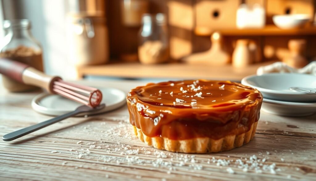 A beautifully crafted Millionaire's Salted Caramel Tart, prominently displayed in the foreground. The tart features a rich, glossy salted caramel layer, glistening in the soft, natural light, with a perfectly golden, flaky pastry crust. Surrounding the tart are delicate sea salt flakes sprinkled atop the caramel, enhancing its luxurious appearance. In the middle ground, an elegantly arranged dessert table adorned with rustic wooden textures and subtle pastel colors sets the scene. A few kitchen utensils, like a whisk and measuring spoons, can be tastefully included to hint at the crafting process. The background is softly blurred, featuring warm, inviting kitchen elements like a wooden shelf with jars of ingredients. The mood is cozy and indulgent, evoking a sense of decadence and craftsmanship, ideal for creating an inviting atmosphere. The composition should be shot from a slight overhead angle, emphasizing the tart's rich textures and inviting details. A beautifully crafted Millionaire's Salted Caramel Tart, prominently displayed in the foreground. The tart features a rich, glossy salted caramel layer, glistening in the soft, natural light, with a perfectly golden, flaky pastry crust. Surrounding the tart are delicate sea salt flakes sprinkled atop the caramel, enhancing its luxurious appearance. In the middle ground, an elegantly arranged dessert table adorned with rustic wooden textures and subtle pastel colors sets the scene. A few kitchen utensils, like a whisk and measuring spoons, can be tastefully included to hint at the crafting process. The background is softly blurred, featuring warm, inviting kitchen elements like a wooden shelf with jars of ingredients. The mood is cozy and indulgent, evoking a sense of decadence and craftsmanship, ideal for creating an inviting atmosphere. The composition should be shot from a slight overhead angle, emphasizing the tart's rich textures and inviting details.