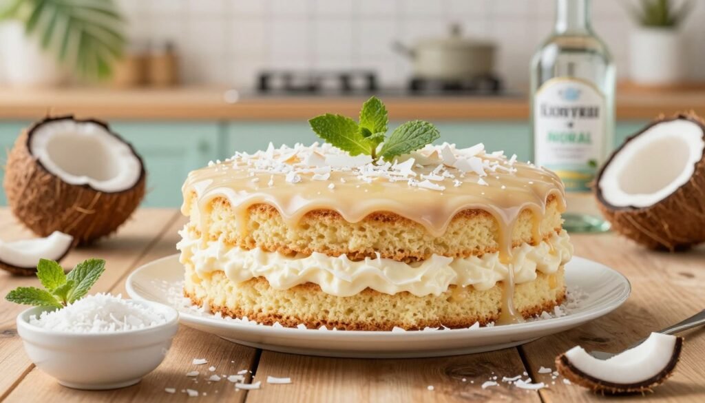 A beautifully crafted coconut rum cake, featuring a moist, golden sponge layered with creamy coconut filling, sits elegantly on a rustic wooden table. The cake is covered in a smooth marzipan or fondant coating, glistening with a light sheen, adorned with delicate coconut flakes and a few refreshing mint leaves. In the foreground, a small bowl filled with crushed coconut and a bottle of coconut rum lie gracefully beside the cake, hinting at its rich flavor profile. The background softly blurs to reveal a sunlit kitchen with pastel-colored walls and subtle hints of tropical decor. The lighting is warm and inviting, creating a joyful, festive atmosphere, as if celebrating a special occasion. Shot with a 50mm lens at a shallow depth of field to emphasize the cake's intricate details and textures.