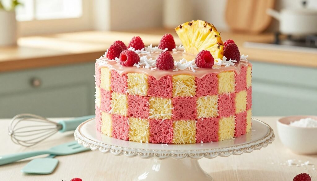 A beautifully decorated Pina Colada Raspberry Battenberg Cake, elegantly assembled into a striking checkerboard pattern with alternating layers of light yellow coconut and vibrant raspberry pink sponge. The cake is topped with a glossy glaze, garnished with fresh raspberries, tropical coconut shavings, and a small slice of pineapple. In the foreground, a delicate vintage cake stand holds the cake, showcasing its intricate layers. The middle ground features a set of pastel-colored kitchen tools, including a whisk and spatula, hinting at the baking process. In the background, a sunlit kitchen setting with soft natural light enhances the warm and cheerful atmosphere. The overall mood is inviting and comforting, celebrating the joy of creating a delicious dessert.
