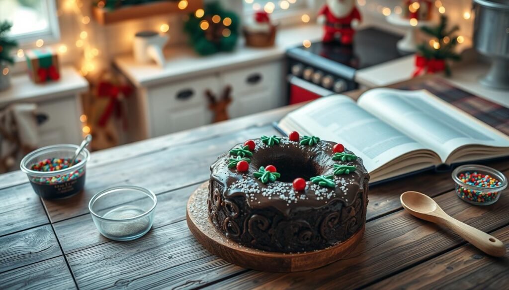 A beautifully decorated chocolate gingerbread wreath cake sits prominently on a rustic wooden table. The cake, intricately shaped like a wreath, is adorned with festive red and green icing, sprinkled with edible glitter. Nearby, ingredients for baking are neatly arranged: an open cookbook with pages displaying a chocolate cake recipe, bowls of colorful sprinkles, and a wooden spoon. In the background, a softly glowing kitchen adorned with Christmas decorations creates a warm, inviting atmosphere, with fairy lights twinkling gently. The scene is illuminated by soft, natural light coming from a nearby window, emphasizing the rich chocolate texture of the cake. The angle should be slightly overhead, inviting viewers into the cozy holiday spirit of baking. A beautifully decorated chocolate gingerbread wreath cake sits prominently on a rustic wooden table. The cake, intricately shaped like a wreath, is adorned with festive red and green icing, sprinkled with edible glitter. Nearby, ingredients for baking are neatly arranged: an open cookbook with pages displaying a chocolate cake recipe, bowls of colorful sprinkles, and a wooden spoon. In the background, a softly glowing kitchen adorned with Christmas decorations creates a warm, inviting atmosphere, with fairy lights twinkling gently. The scene is illuminated by soft, natural light coming from a nearby window, emphasizing the rich chocolate texture of the cake. The angle should be slightly overhead, inviting viewers into the cozy holiday spirit of baking.