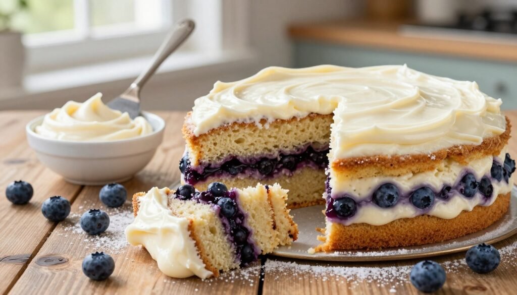 A beautifully layered blueberry cake topped with smooth, creamy cream cheese frosting. The cake sits on a rustic wooden table, with scattered fresh blueberries and a sprinkle of powdered sugar around it. In the foreground, a slice of the cake is angled to showcase its moist, fluffy texture and vibrant blueberry filling. In the middle ground, a small bowl of cream cheese frosting, adorned with a vintage spatula, hints at the frosting's glossy sheen. In the background, soft, natural light filters through a kitchen window, creating a warm and inviting atmosphere. The scene is captured with a shallow depth of field, keeping the focus on the cake while gently blurring the background to emphasize the baking theme.