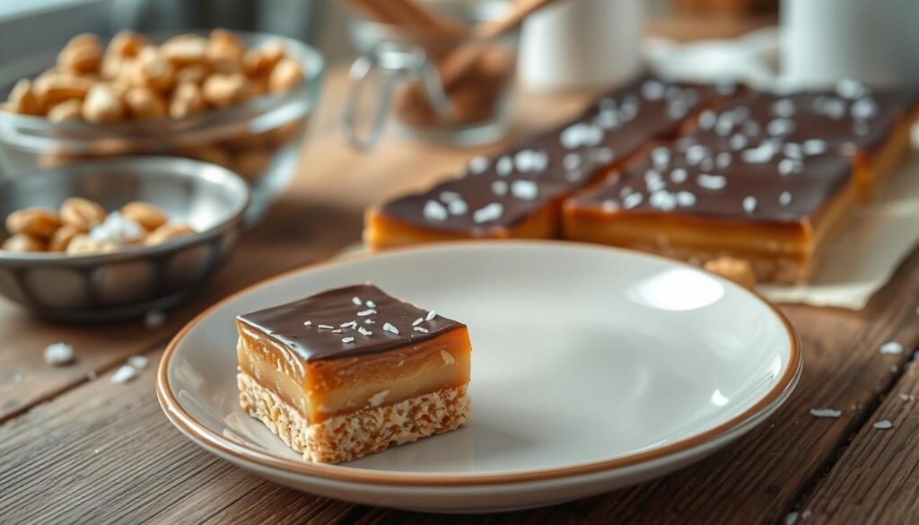 A beautifully plated dairy-free caramel slice sits elegantly on a rustic wooden table, surrounded by a sprinkle of sea salt flakes to enhance its luscious top layer. The slice features a glossy, smooth caramel finish that glistens under soft, diffused natural light. The foreground showcases a delicate cut revealing layers of crumbly base, creamy caramel, and a rich dark chocolate topping, all with clean edges and a tempting texture. In the background, blurred kitchen elements like a bowl of nuts and a measuring cup hint at the baking process, creating a warm and inviting atmosphere. The angle is slightly overhead, capturing the tempting detail of the slice while emphasizing its decadent appeal, perfect for inspiring viewers in their culinary endeavors. A beautifully plated dairy-free caramel slice sits elegantly on a rustic wooden table, surrounded by a sprinkle of sea salt flakes to enhance its luscious top layer. The slice features a glossy, smooth caramel finish that glistens under soft, diffused natural light. The foreground showcases a delicate cut revealing layers of crumbly base, creamy caramel, and a rich dark chocolate topping, all with clean edges and a tempting texture. In the background, blurred kitchen elements like a bowl of nuts and a measuring cup hint at the baking process, creating a warm and inviting atmosphere. The angle is slightly overhead, capturing the tempting detail of the slice while emphasizing its decadent appeal, perfect for inspiring viewers in their culinary endeavors.