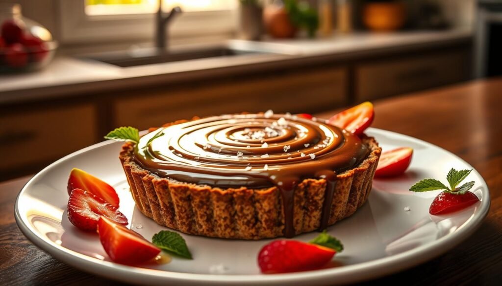 A beautifully plated gourmet chocolate salted caramel tart takes center stage, showcasing a glossy, reflective surface that catches the light, enhancing its rich, dark brown hue. The tart, with its delicate, crumbly crust, is topped with a generous swirl of caramel drizzled artfully and adorned with a sprinkle of sea salt. Surrounding the tart are elegant garnishes: thinly sliced strawberries and mint leaves, adding a pop of color. The background features a softly blurred kitchen setting, illuminated by warm, natural light streaming through a window, creating a cozy, inviting atmosphere. Capture this scene from a slightly angled overhead perspective, highlighting the tart's texture and shine while maintaining a clean, minimalist aesthetic.