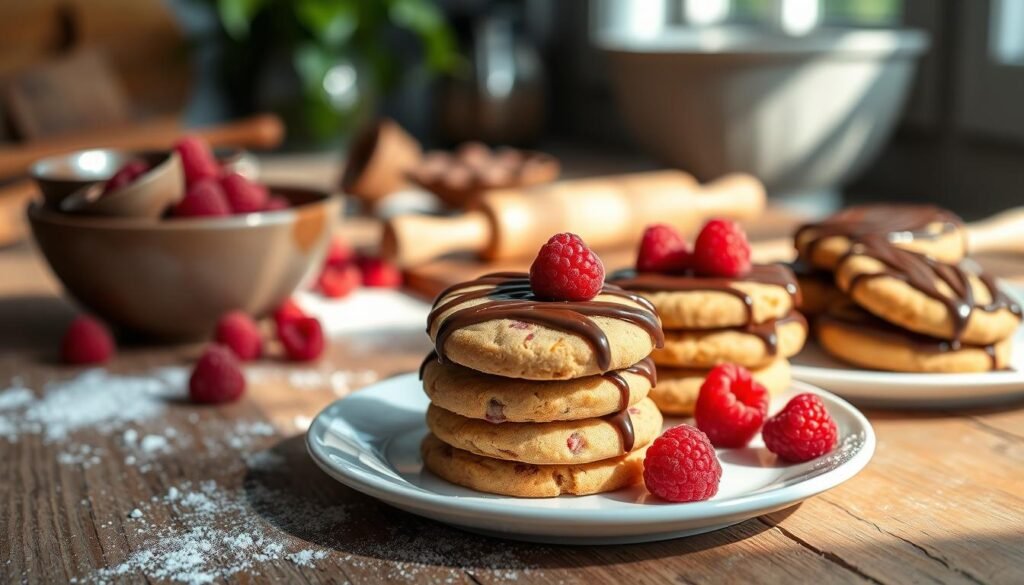 A beautifully plated selection of chocolate raspberry shortbread cookies, arranged artfully on a rustic wooden table. In the foreground, show a few cookies stacked with a glossy chocolate drizzle on top and fresh raspberries scattered around them. The middle ground features a baking setup with a mixing bowl, rolling pin, and a dusting of flour, hinting at the cookie assembly process. In the background, softly blurred kitchen elements like a baking tray and a hint of greenery to create a warm, inviting atmosphere. Natural light streams in from a nearby window, creating gentle shadows and highlighting the rich textures of the cookies. The overall mood is cozy and inviting, perfect for a baking enthusiast.