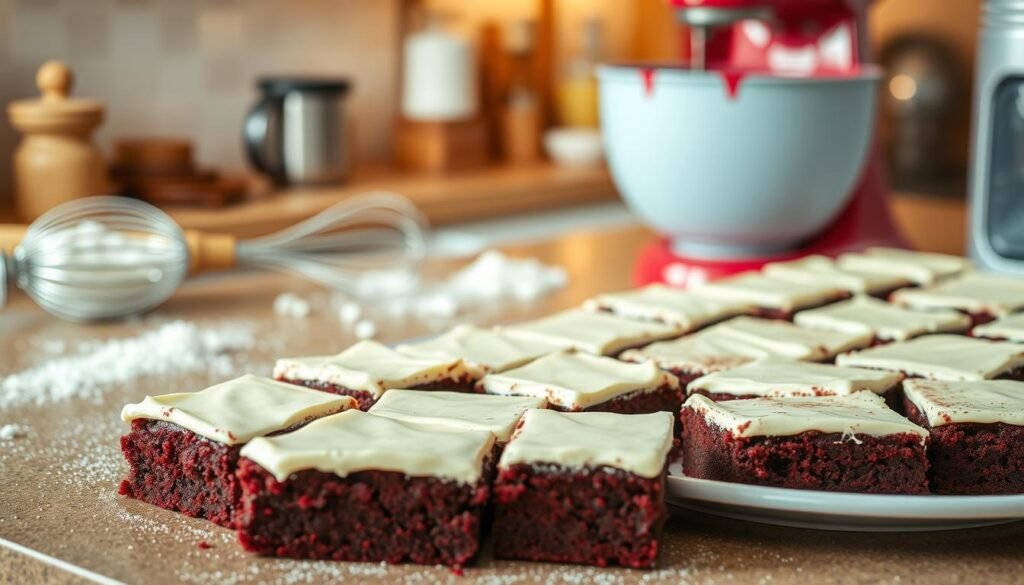 A beautifully styled kitchen countertop featuring freshly baked red velvet brownies, rich and moist, cut into perfectly squared pieces. The brownies should have a glossy cream cheese frosting on top, with a hint of red velvet color peeking through. In the foreground, place a plate of brownies, slightly dusted with cocoa powder. The middle ground can include baking tools like a whisk, mixing bowl with red velvet batter, and scattered ingredients like flour and cocoa. The background is a soft-focus kitchen setting with warm, inviting lighting to create a cozy baking atmosphere. Emphasize the textures of the brownies and the smooth frosting, capturing the deliciousness and appeal of this dessert. A beautifully styled kitchen countertop featuring freshly baked red velvet brownies, rich and moist, cut into perfectly squared pieces. The brownies should have a glossy cream cheese frosting on top, with a hint of red velvet color peeking through. In the foreground, place a plate of brownies, slightly dusted with cocoa powder. The middle ground can include baking tools like a whisk, mixing bowl with red velvet batter, and scattered ingredients like flour and cocoa. The background is a soft-focus kitchen setting with warm, inviting lighting to create a cozy baking atmosphere. Emphasize the textures of the brownies and the smooth frosting, capturing the deliciousness and appeal of this dessert.