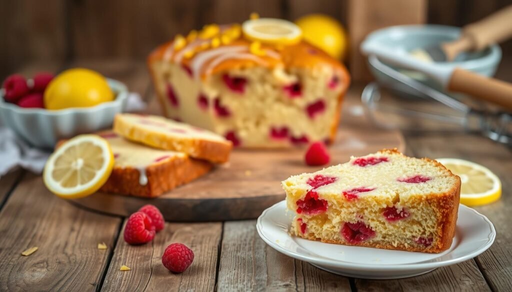 A beautifully styled lemon raspberry loaf cake, freshly baked and presented on a rustic wooden table. The cake features a moist, golden-brown exterior, with vibrant red raspberry pieces visible throughout. Lemon zest decorates the top, adding a pop of color, and a light drizzle of lemon glaze glistens under soft, natural lighting. In the foreground, a slice of the loaf sits on a delicate porcelain plate, showcasing its fluffy texture and juicy raspberry filling. A few scattered raspberries and lemon slices surround the cake, enhancing the fresh and inviting atmosphere. In the background, soft-focus kitchen elements, like a bowl of lemons and a whisk, suggest a cozy baking environment. The mood is warm and inviting, perfect for anyone eager to learn the art of baking this delightful treat.