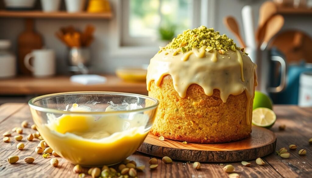 A beautifully styled pistachio lime cake, topped with vibrant green pistachio crumbs and a glossy lime icing drizzled artfully on top, resting on a rustic wooden table. In the foreground, a mixing bowl with a creamy batter is visible, surrounded by scattered pistachios and fresh limes, reflecting a fun, exciting baking atmosphere. Soft natural light streams in from a nearby window, creating warm highlights on the cake and enhancing the fresh colors of the ingredients. The background features a cozy kitchen scene, with baking tools neatly arranged, giving an inviting and homey feeling. The overall composition conveys the joy of mixing and preparing batter for this delicious cake, with a focus on texture and color.
