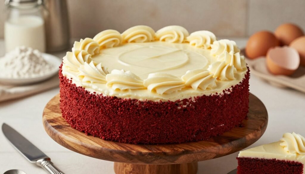 A beautifully styled red velvet cake with a thick layer of creamy, smooth cream cheese frosting glistening on top and elegantly swirled around the edges. The cake is displayed on a rustic wooden cake stand, showcasing its vibrant crimson color and velvety texture. In the foreground, a decorative knife rests beside a small slice of the cake, revealing its rich layers. The middle ground features a backdrop of soft-focus kitchen tools and ingredients like flour and eggs, creating a cozy baking atmosphere. The lighting is warm and inviting, casting gentle shadows that enhance the cake's moist appearance. Capture this delightful scene from a slightly elevated angle to highlight the cake's height and creamy frosting, evoking a sense of indulgence and joy.
