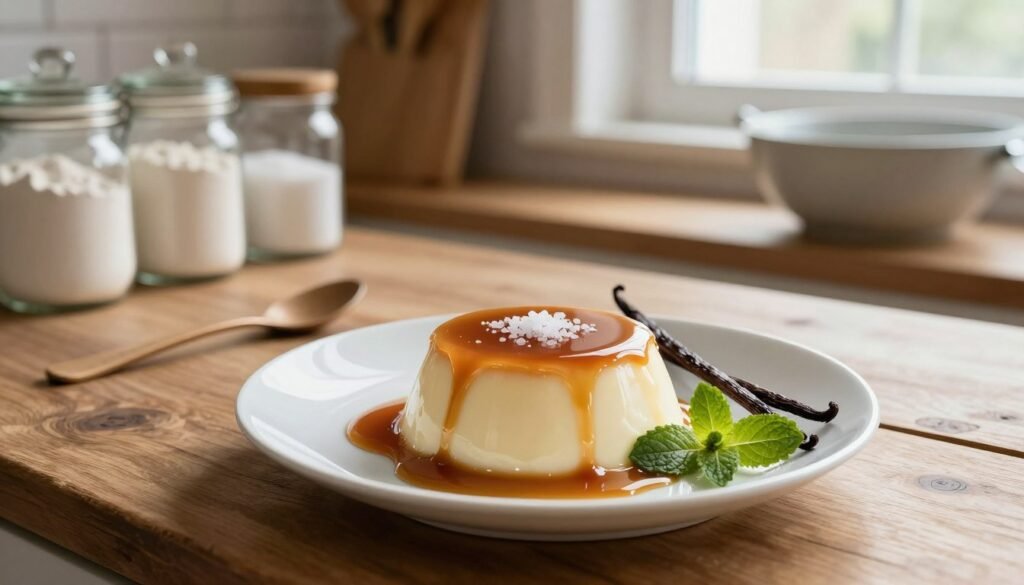 A beautifully styled vanilla bean dessert displayed elegantly on a rustic wooden kitchen table. The foreground features a delicate white ceramic plate holding a luxurious, creamy vanilla bean panna cotta topped with a glossy caramel sauce and a sprinkle of sea salt, surrounded by fresh vanilla beans and mint leaves for garnish. In the middle ground, a muted, cozy kitchen ambiance is created with jars of flour and sugar, kitchen utensils, and a mixing bowl subtly arranged. Soft natural light filters through a window, casting gentle shadows, enhancing the warm, inviting atmosphere. The angle is slightly above eye level, capturing the intricate textures of the dessert alongside the kitchen elements, inviting the viewer into the baking process. The overall mood is warm and homely, perfect for inspiring baking creativity.