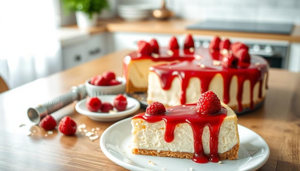 A beautifully styled white chocolate cheesecake sits elegantly on a polished wooden table, showcasing its creamy, smooth filling. The cheesecake is topped with a glossy raspberry sauce drizzled artfully over the surface, garnished with fresh raspberries and delicate white chocolate shavings scattered around. In the foreground, a slice of the cheesecake is positioned on a white plate, revealing its luscious layers. In the middle, a small bowl of vibrant raspberries and a fine grater with chocolate shavings are placed, emphasizing the ingredients. The background features a softly blurred kitchen scene with natural light streaming in, highlighting the cheesecake's creamy texture. The mood is inviting and refined, perfect for a dessert-focused atmosphere. The angle captures the cheesecake at eye level, making it the focal point of the composition, with emphasis on its rich, creamy quality. A beautifully styled white chocolate cheesecake sits elegantly on a polished wooden table, showcasing its creamy, smooth filling. The cheesecake is topped with a glossy raspberry sauce drizzled artfully over the surface, garnished with fresh raspberries and delicate white chocolate shavings scattered around. In the foreground, a slice of the cheesecake is positioned on a white plate, revealing its luscious layers. In the middle, a small bowl of vibrant raspberries and a fine grater with chocolate shavings are placed, emphasizing the ingredients. The background features a softly blurred kitchen scene with natural light streaming in, highlighting the cheesecake's creamy texture. The mood is inviting and refined, perfect for a dessert-focused atmosphere. The angle captures the cheesecake at eye level, making it the focal point of the composition, with emphasis on its rich, creamy quality.