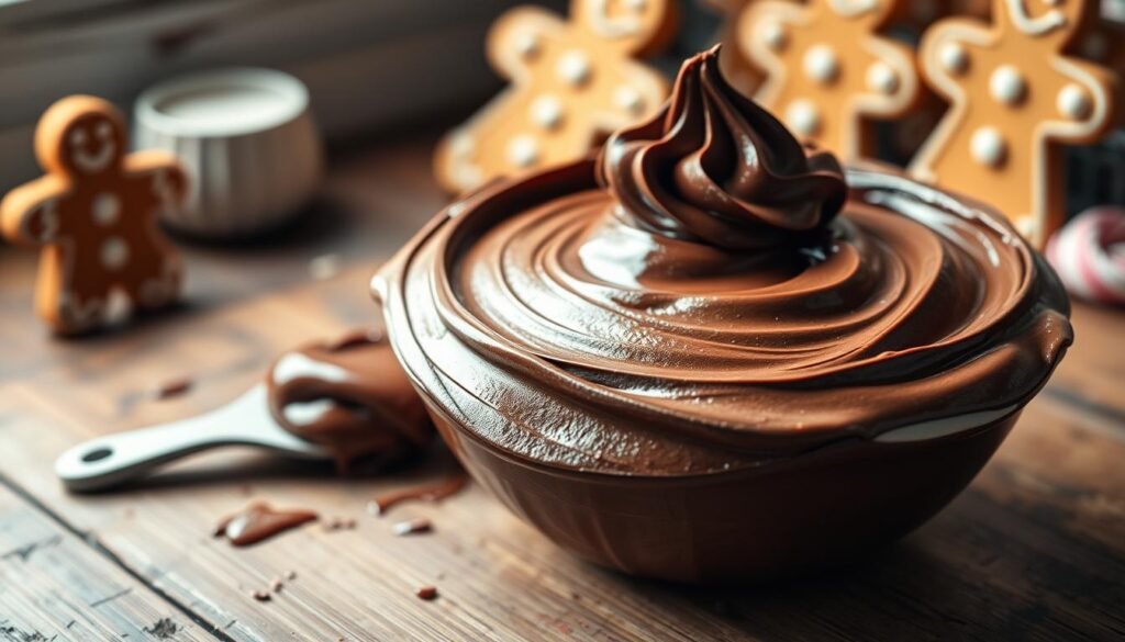 A close-up image of a luxurious bowl of rich chocolate frosting, sitting on a rustic wooden table. The frosting is glistening, showcasing its smooth, velvety texture with delicate swirls and peaks, reflecting light to highlight its glossy finish. In the middle ground, a spatula rests nearby, partially coated in the decadent chocolate, emphasizing the creation process. Soft, ambient lighting fills the scene, casting a warm glow that enhances the inviting atmosphere. In the background, hints of gingerbread cake decorations can be seen, lightly blurred to keep the focus on the chocolate frosting. The overall mood is warm and indulgent, evoking a sense of comfort and creativity in baking. A close-up image of a luxurious bowl of rich chocolate frosting, sitting on a rustic wooden table. The frosting is glistening, showcasing its smooth, velvety texture with delicate swirls and peaks, reflecting light to highlight its glossy finish. In the middle ground, a spatula rests nearby, partially coated in the decadent chocolate, emphasizing the creation process. Soft, ambient lighting fills the scene, casting a warm glow that enhances the inviting atmosphere. In the background, hints of gingerbread cake decorations can be seen, lightly blurred to keep the focus on the chocolate frosting. The overall mood is warm and indulgent, evoking a sense of comfort and creativity in baking.