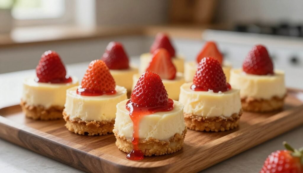 A close-up image of mini cheesecake cups arranged artfully on a wooden platter. Each cup features a golden-brown cookie crust, topped with a creamy, smooth cheesecake filling that has a light, fluffy texture. Strawberries, glistening with a drizzle of strawberry sauce, sit atop each cheesecake to add a pop of red color. The background showcases a softly blurred kitchen setting, with warm, natural light streaming in from a nearby window, illuminating the delicious details of the cheesecake cups. The composition is inviting and cozy, evoking a sense of home baking. The angle captures the dessert at a slight diagonal to emphasize the layers and textures, creating an appetizing focal point.