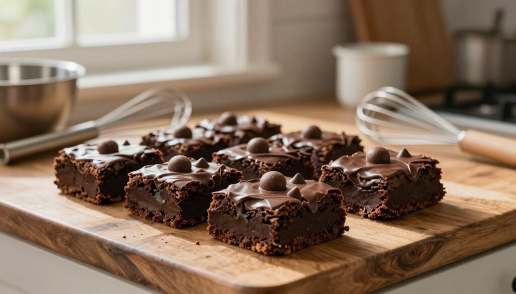 A close-up of indulgent chewy brownie bars, rich and chocolatey, displayed on a rustic wooden kitchen countertop. The bars are topped with melted chocolate and scattered Maltesers, creating a mouth-watering visual. In the background, softly blurred kitchen equipment like mixing bowls, a whisk, and measuring cups evoke a cozy baking atmosphere. Warm, natural light filters through a nearby window, casting gentle shadows and enhancing the textures of the brownies. The scene is inviting and homely, capturing the essence of preparing a delicious treat. The focus is solely on the brownies and the baking tools, with no additional text or distractions.