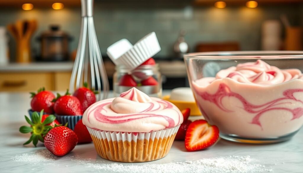 A close-up scene of a vibrant kitchen countertop featuring ingredients for strawberry cheesecake cupcakes. In the foreground, a bowl filled with a creamy fluffy cupcake batter, rich with swirls of pink strawberry puree, sits next to fresh, sliced strawberries. The middle ground includes a whisk and measuring cups, dusted lightly with flour, suggesting an ongoing baking process. The background shows a warm, inviting kitchen with soft golden lighting, enhancing the fresh and sweet atmosphere. A few cupcake liners are neatly arranged, waiting to be filled. The overall mood is cheerful and creative, emphasizing the joy of baking at home.