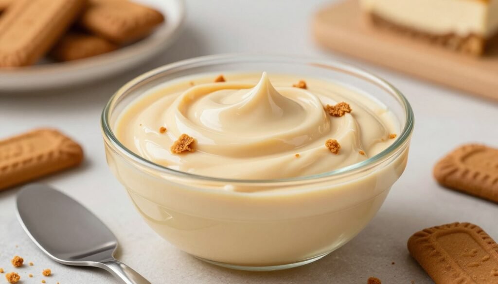 A close-up shot of a creamy, rich Lotus Biscoff cheesecake filling displayed in a small, elegant glass bowl. The filling is smooth and slightly glossy, showcasing a light beige color with swirls of caramel and hints of crushed Biscoff cookies throughout. Surrounding the bowl are scattered Biscoff cookie crumbs and a few whole cookies for texture. The foreground features a stainless steel spatula resting against the bowl, emphasizing the process of crafting the filling. The background is softly blurred, with warm, ambient kitchen lighting creating a cozy atmosphere. This setup captures the essence of indulgence, inviting viewers to envision the delicious flavors of the individual cheesecakes. A close-up shot of a creamy, rich Lotus Biscoff cheesecake filling displayed in a small, elegant glass bowl. The filling is smooth and slightly glossy, showcasing a light beige color with swirls of caramel and hints of crushed Biscoff cookies throughout. Surrounding the bowl are scattered Biscoff cookie crumbs and a few whole cookies for texture. The foreground features a stainless steel spatula resting against the bowl, emphasizing the process of crafting the filling. The background is softly blurred, with warm, ambient kitchen lighting creating a cozy atmosphere. This setup captures the essence of indulgence, inviting viewers to envision the delicious flavors of the individual cheesecakes.